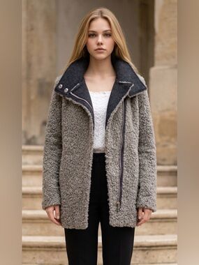 Womens Taupe Faux-Shearling Zip Front Coat